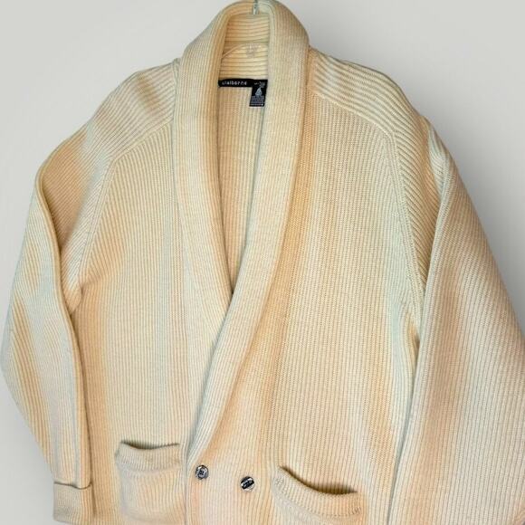Claiborne Vintage 100% Wool Oversized Cardigan Sweater Shawl Women Size L Beige - Picture 5 of 12